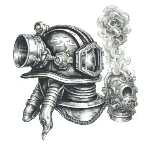 Firefighter Helmet Engulfed In Flames With A Navy Deep Sea Diver Helmet Integrated Into The Design