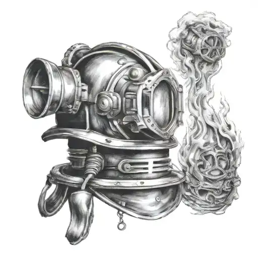 Firefighter Helmet Engulfed In Flames With A Navy Deep Sea Diver Helmet Integrated Into The Design