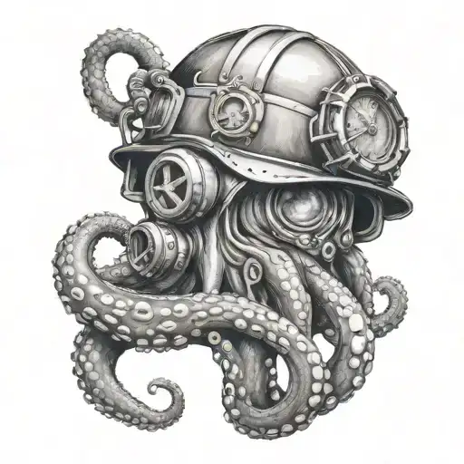 Octopus Wrapping Its Tentacles Around A Firefighter's Helmet And A Navy Deep Sea Diver's Helmet
