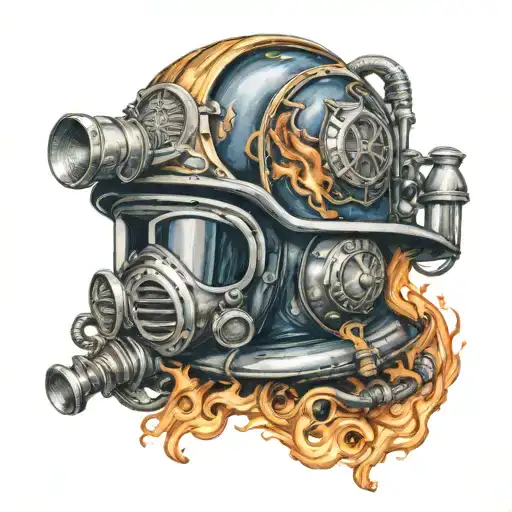 Firefighter Helmet Engulfed In Flames With A Navy Deep Sea Diver Helmet Integrated Into The Design