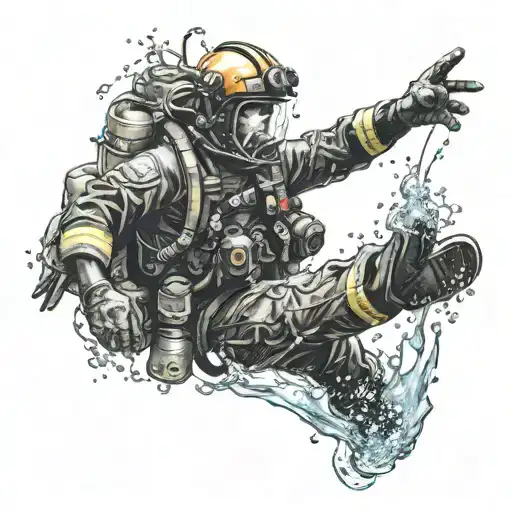 Create A Tattoo Of A Firefighter Reaching Out To Grab The Hand Of A Navy Diver Under The Water