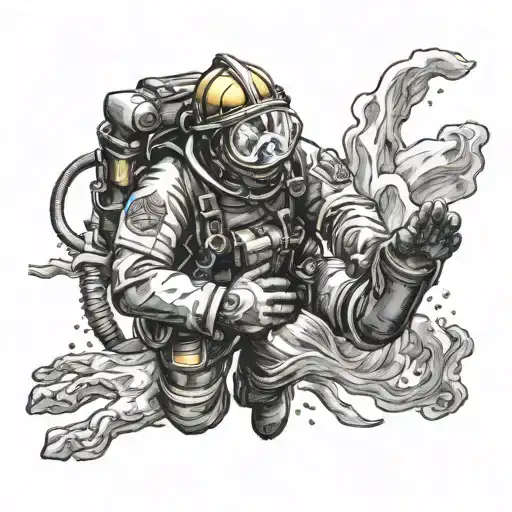 Create A Tattoo Of A Firefighter Reaching Out To Grab The Hand Of A Navy Deep Sea Diver