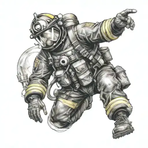 Create A Tattoo Of A Firefighter Reaching Out To Grab The Hand Of An Old School Navy Deep Sea Diver
