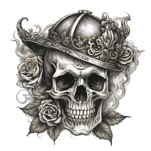 Skull With A King Crown And Roses On Fire And An Aries On The Clouds On Arm