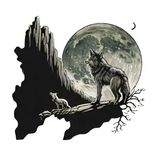 A Lone Wolf Standing On A Cliff Under A Crescent Moon With A Fairy Wing