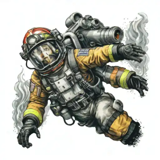 Create A Tattoo Of A Firefighter Reaching His Hand Out To Grab The Hand Of A Navy Deep Sea Diver