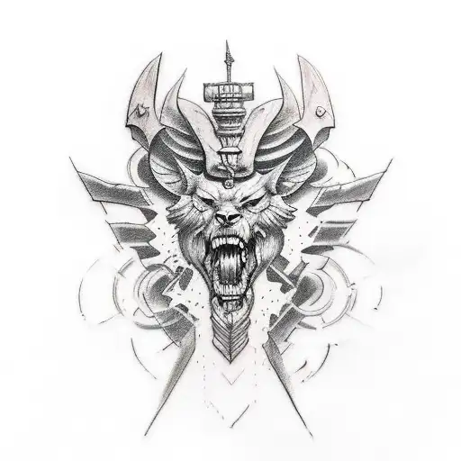 A Tattoo Design Merging Military Elements With Mythical Gods In A Sketch Style