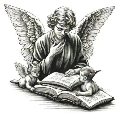 Angel Reading Book In Front Of Three Kids