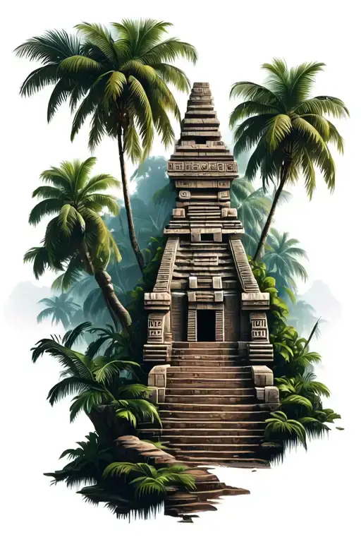 Aztec Jungle Temple Surrounded By Jungle Trees