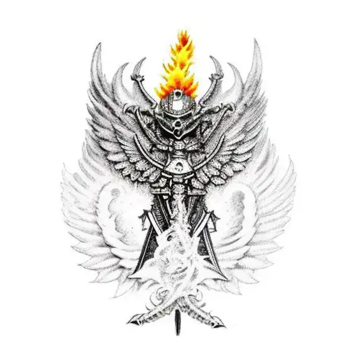 Fully Armoured Samurie With Burning Fallen Angel Wings Knealing In A Battlefeild