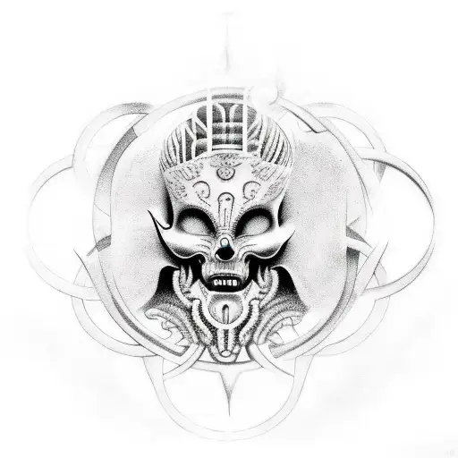 A Tattoo Featuring A God An Alien Figure Surrounded By Mythology Symbols And Sigils