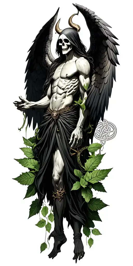 Skinny Lucifer With Wings In Style Of Grim Reaper Surrounded By Celtic Leaves