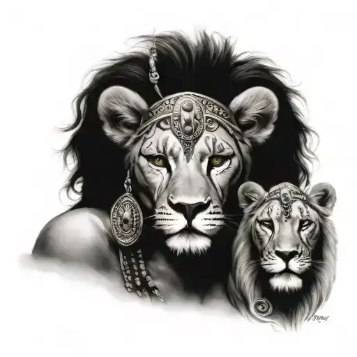 Nubian Queen With Lion Make For Half Sleeve With Tribal Nubian Symbols