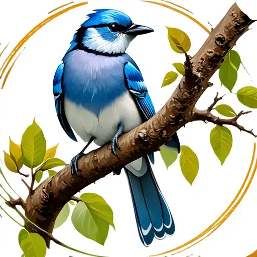 Photo Realistic Scrub Jay Bird On A Tree Branch With A Simple Circle Border