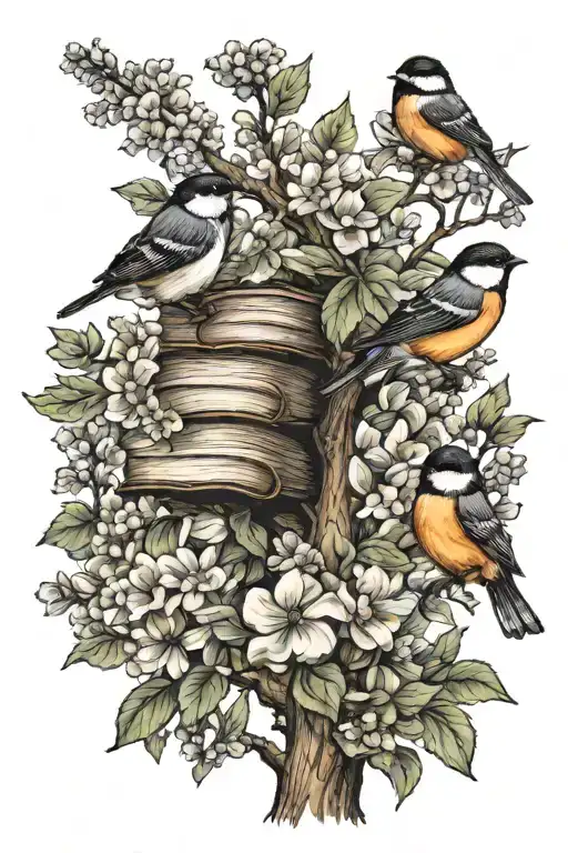 Chickadees Tree Books And Flowers