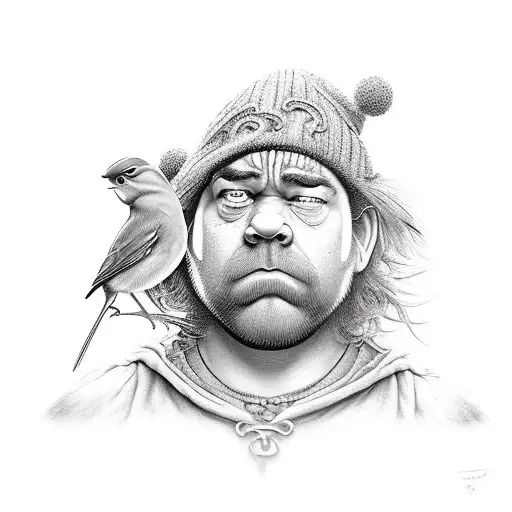 Grumpy Dwarf With A Robin And 2 Frogs