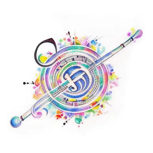 Black Music Staff Sleeve With Treble Clef On Forearm And Vibrant Watercolor Accents