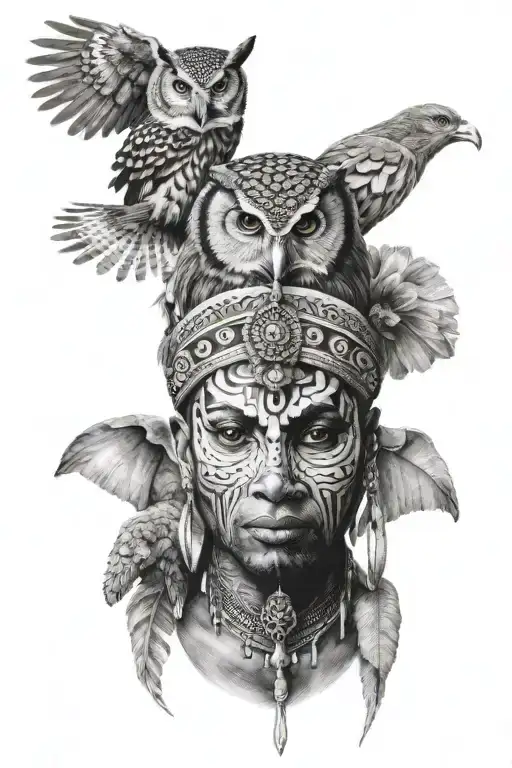 African Head Dress Over An Owl And Elephant