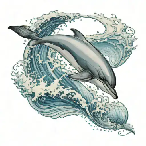 A Realism Tattoo Of A Majestic Dolphin Leaping Out Of A Swirling Ocean Wave