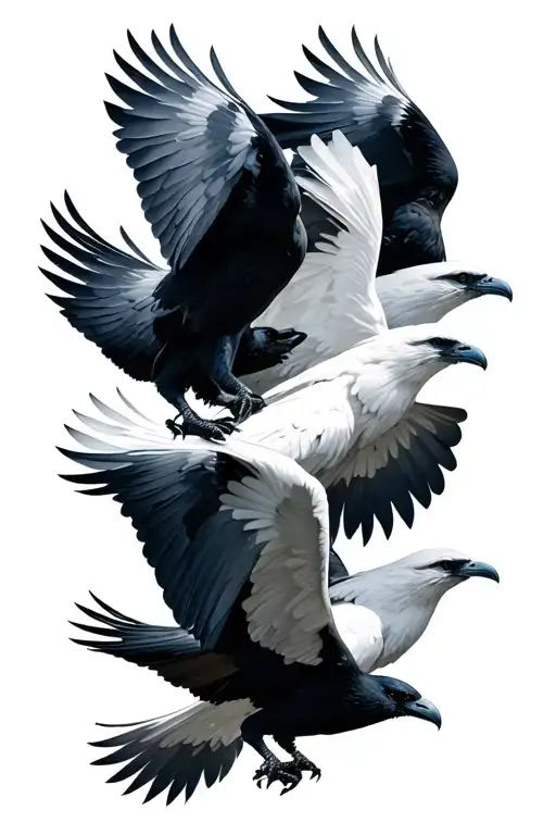 White Raven Fights Bunch Of Black Ravens Flying