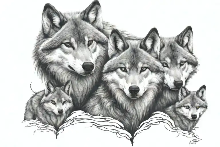 Mother And Dad Wolfs Protecting 3 Little Wolfs