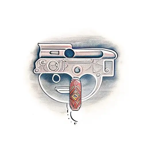 A Traditional Tattoo Of A Vintage Gun Surrounded By Children's Toys Like A Spinning Top And A Doll