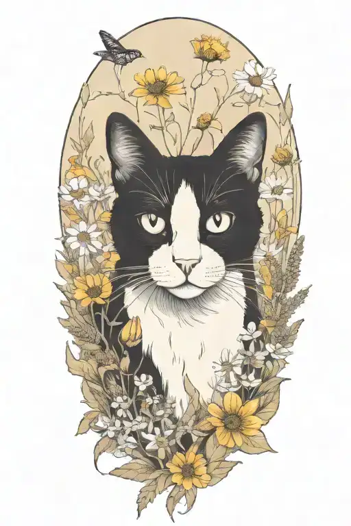 A Black And White Cat Exploring A Field Of Wildflowers