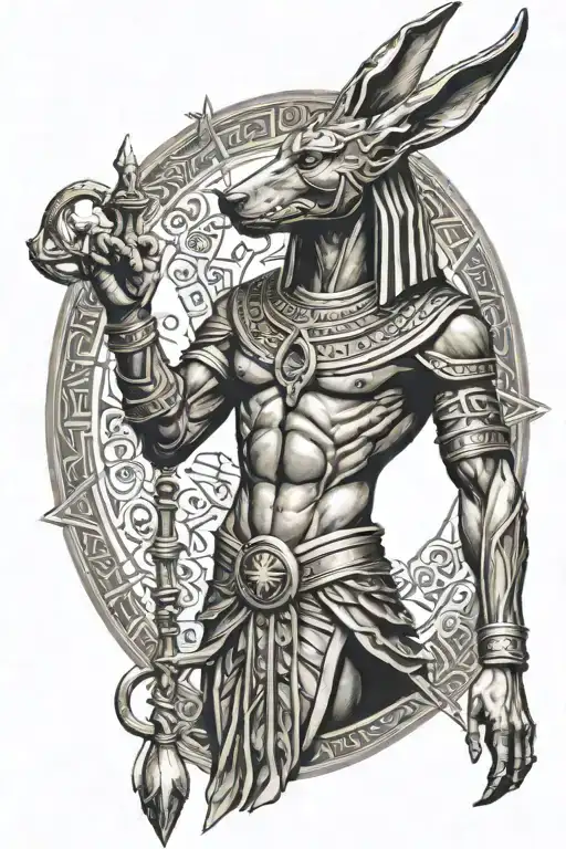 Whole Figur Of Anubis Standing With Ankh Symbol In Hand