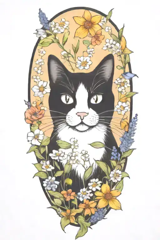 A Whimsical Black And White Cat Surrounded By Wildflowers