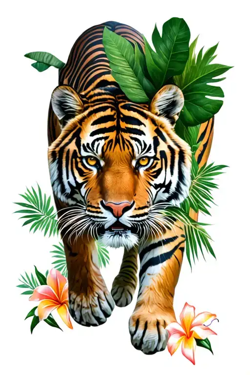 Tiger Who Walks Down With Leaf Of The Jungle And Tropical Flowers