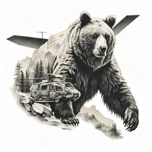 Bear In The Mountains And A Helicopter