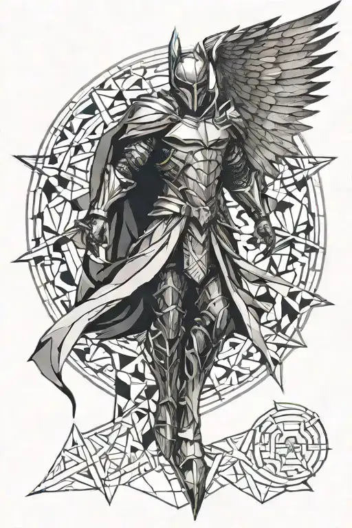 Dark Angle Knight With Wings Surrounded By Geometric Shapes Dark Background