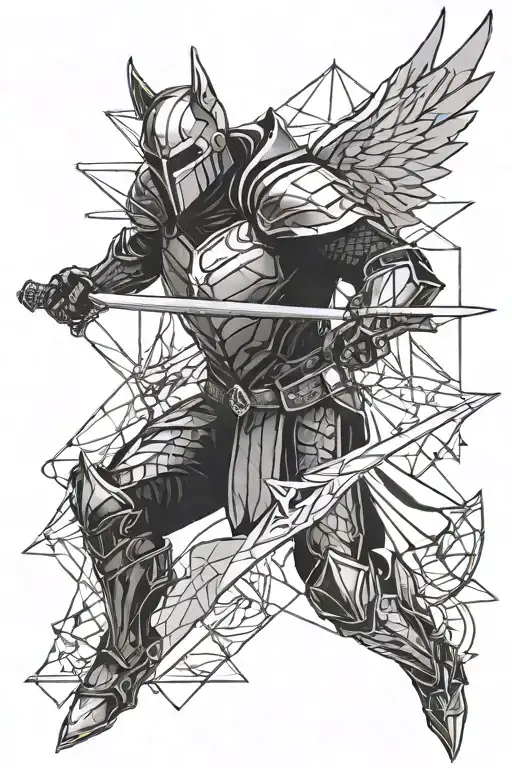 Dark Angle Knight With Wings Surrounded By Geometric Shapes Dark Background Holding Sword
