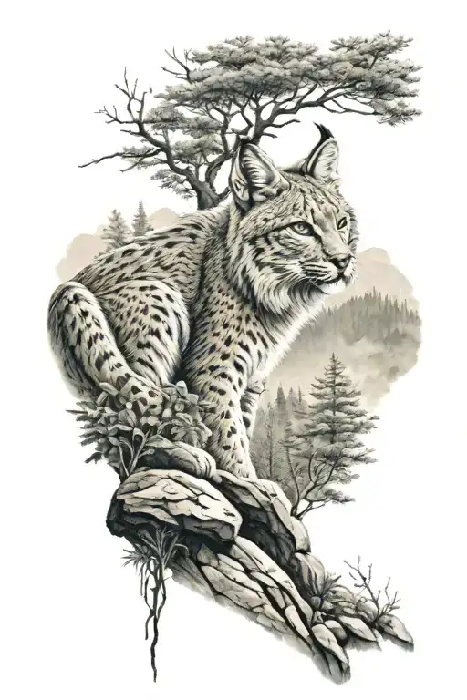 Lynx Full Body With Mountain Forest Landscape