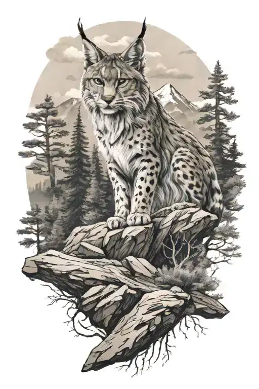 Lynx Full Body With Mountain Landscape With Forest