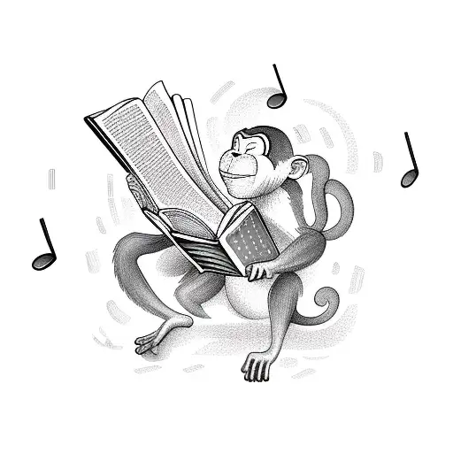 A Realistic Portrait Of A Monkey Reading A Book With Musical Notes Floating Around It