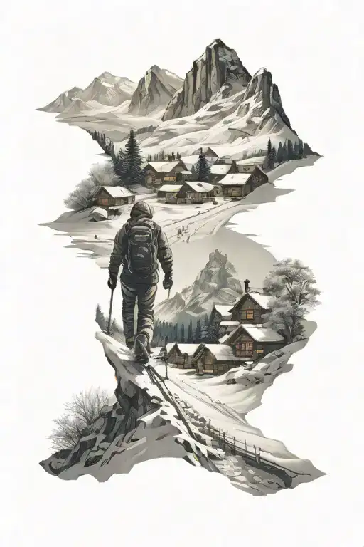 Skier Wallking Through Village Towards The Mountain