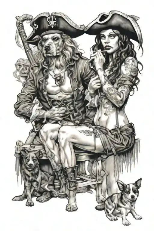 Pirate Girl Nude Woman Dog Sitting