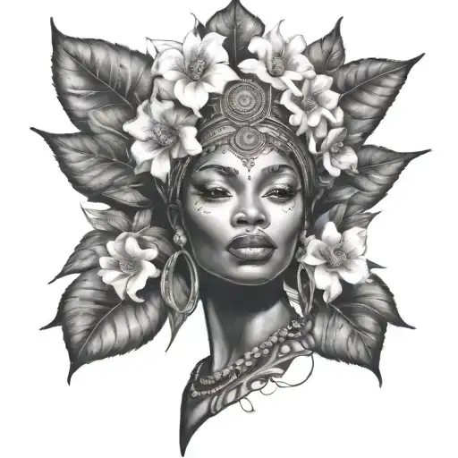 African Godess With Half Face Flowers Growing