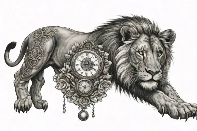 Lion With Pocket Watch Around Neck Lotus Flower