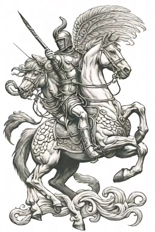 Spartan Warrior Riding Pegasus Killing A Snake Intertwined