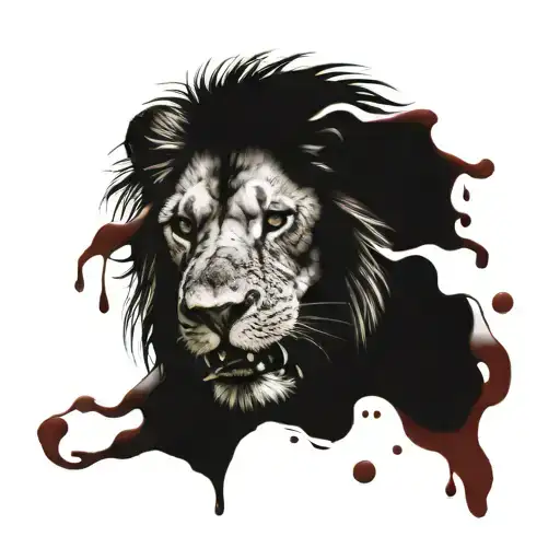 Lion Eating A Wild Animal Body Covered And Blood Dripping