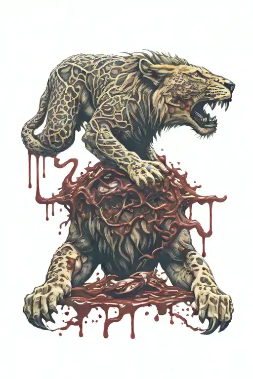 Lion Eating A World Animal In Anger Covered In Blood