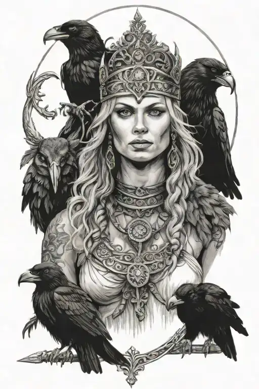 Freya Norse Goddes With Two Ravens And Viking Ships
