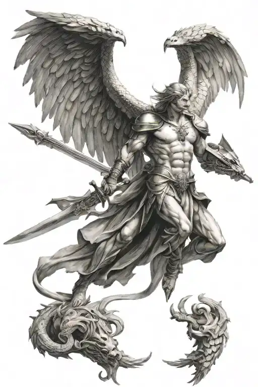 Shirtless Archangel With Sword Slaying Dragon
