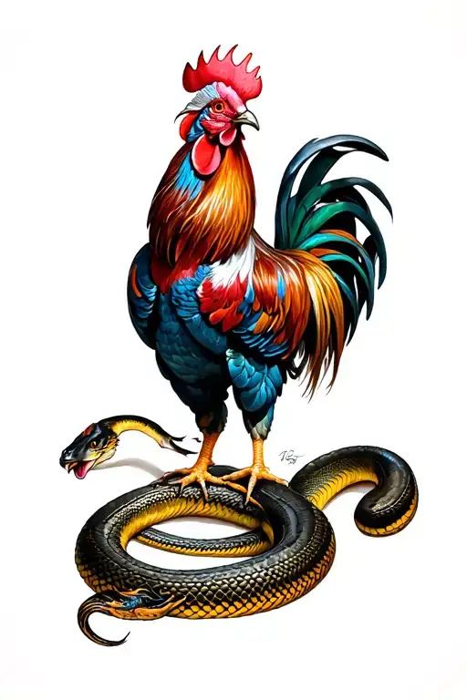 A Rooster And A Serpent In Combat