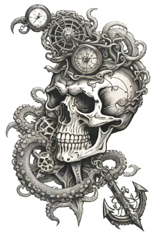 Skull Tentacles Octopus Compass Anchor