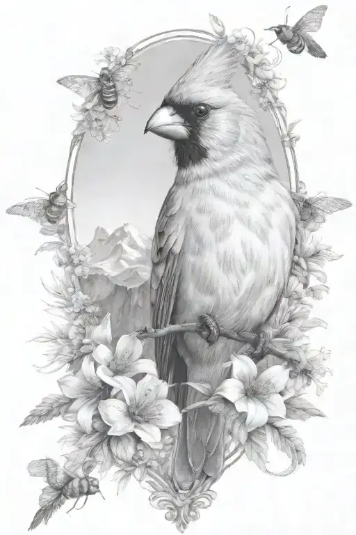 Cardinal And Bees With Matterhorn Panorama