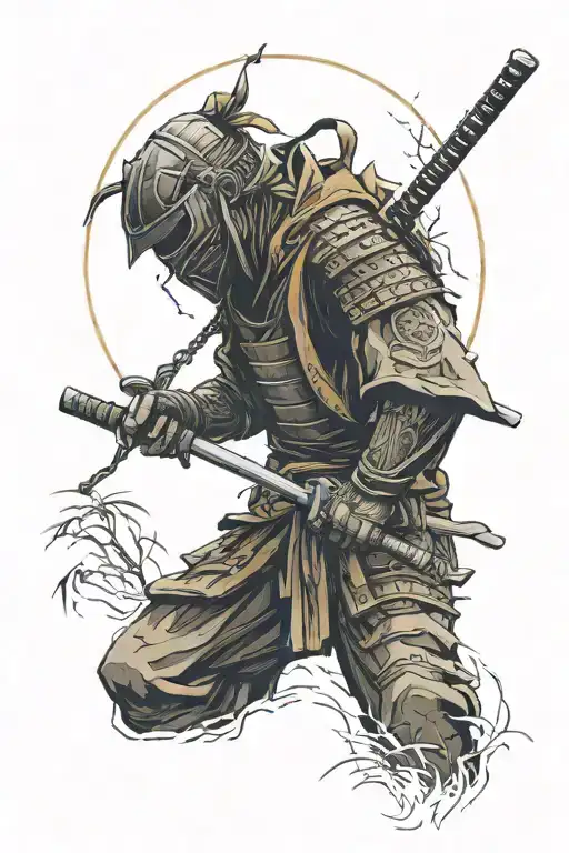 Ronin Wearing A Mask Head Bowed With A Setting Sun