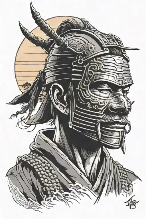 Contemplative Ronin Wearing A Traditional Japanese Mask Head Bowed With A Setting Sun